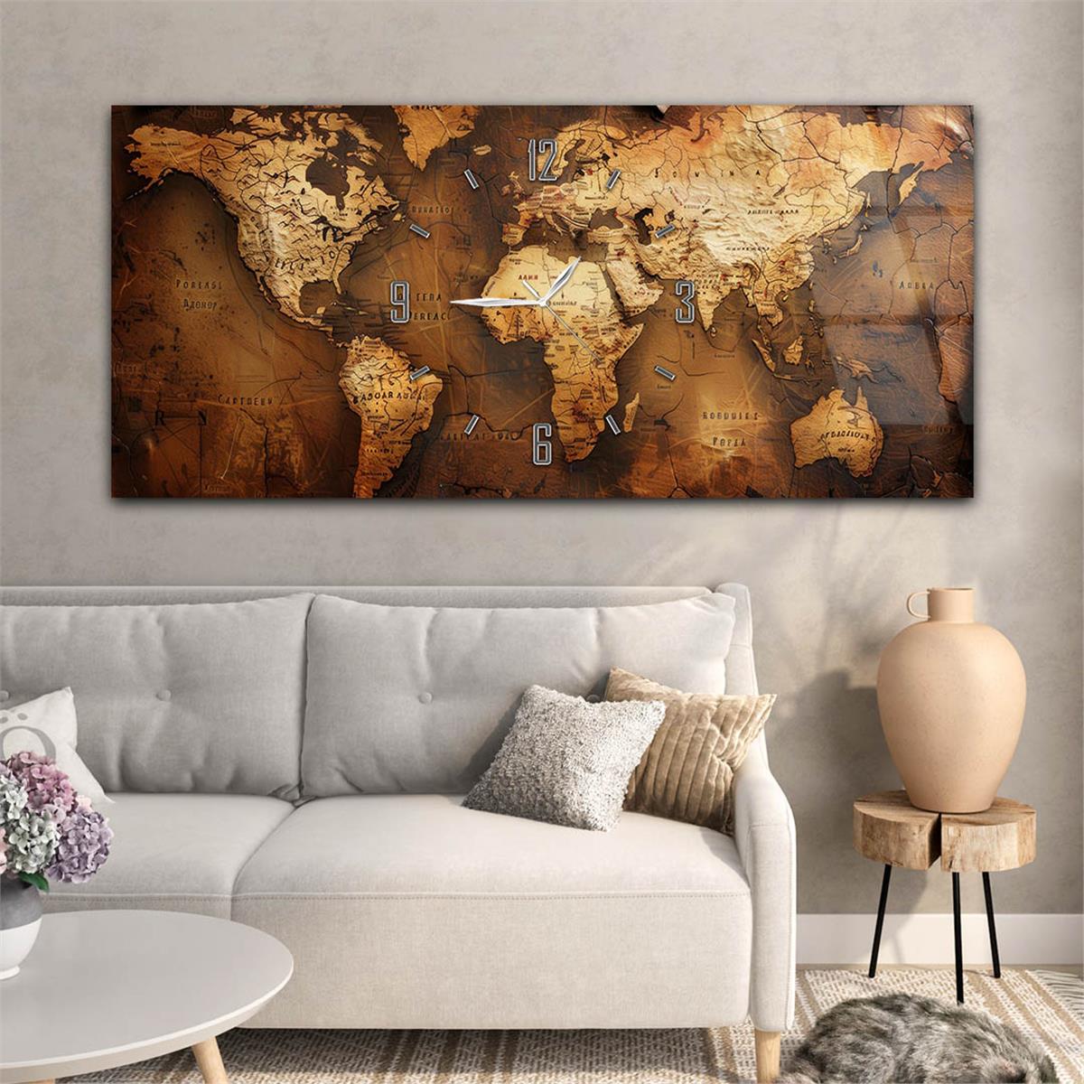 Yatay Saatli Ortadan Vatan Temalı Cam Tablo 106