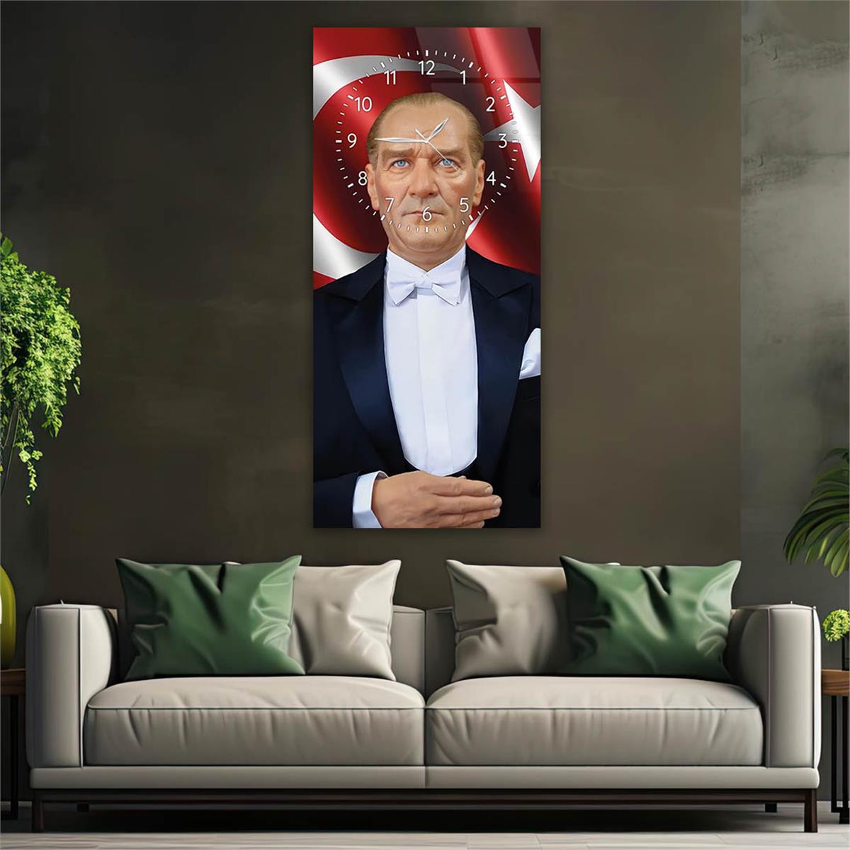 Vertical National Themed Glass Wall Art with Clock at the Top 005