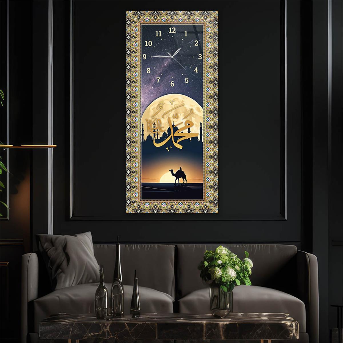 Vertical Religious Themed Glass Wall Art with Clock at the Top  042
