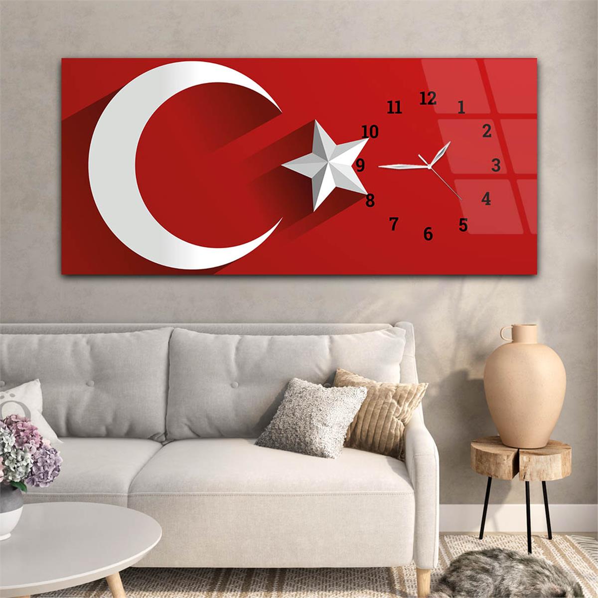 Türk Bayrağı Saatli Cam Tablo Yatay Saatli Yandan Vatan Temalı Cam Tablo 006