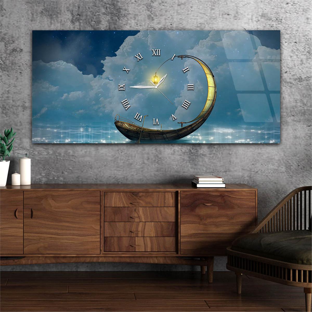 Yatay Ortadan Saatli  Sanat ve Doğa Temalı Cam Tablo 022