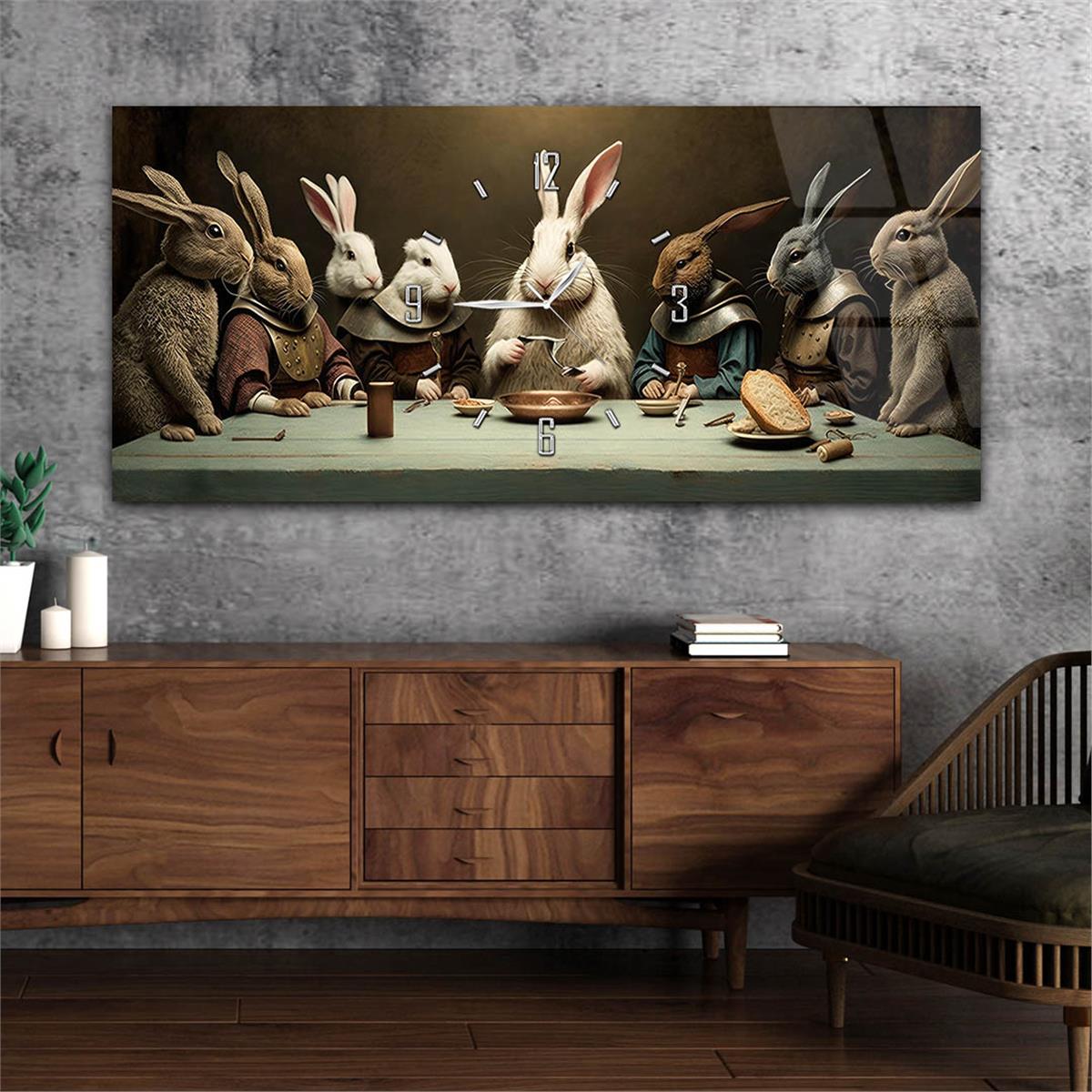 Birlikte Akşam Yemeği Yiyen Tavşan Ailesi Saatli Cam Tablo