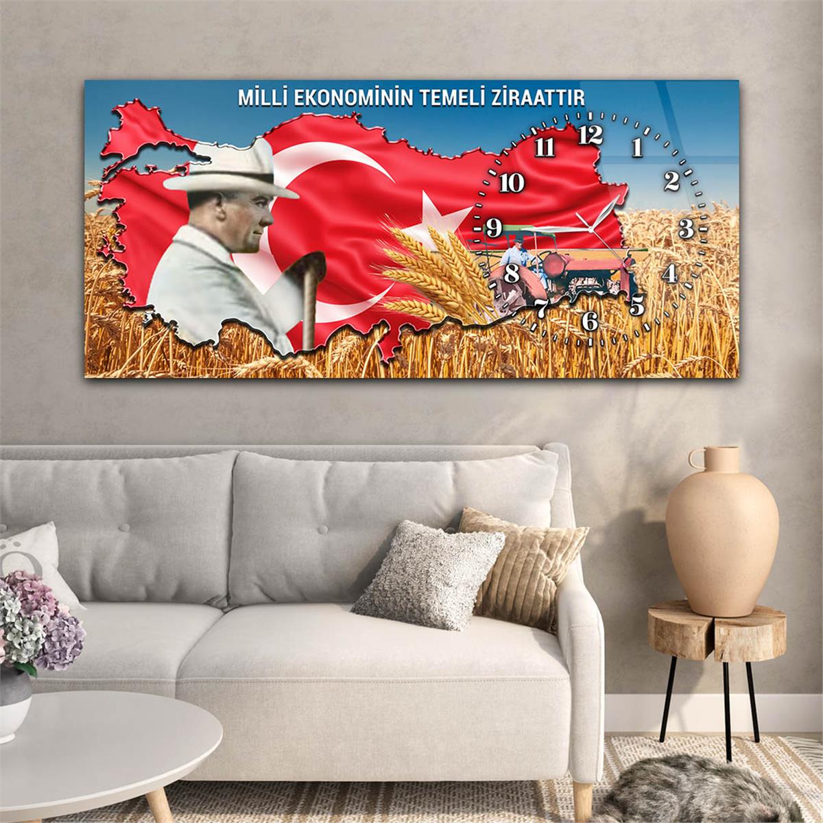 Yatay Saatli Yandan Vatan Temalı Cam Tablo 037