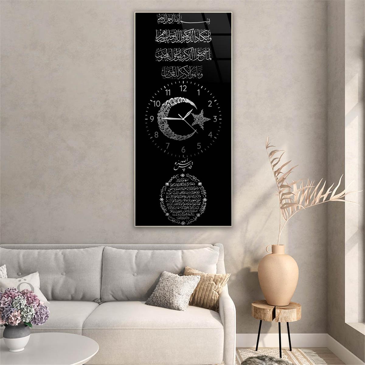 Vertical Religious Themed Glass Wall Art with Clock at the Center 024