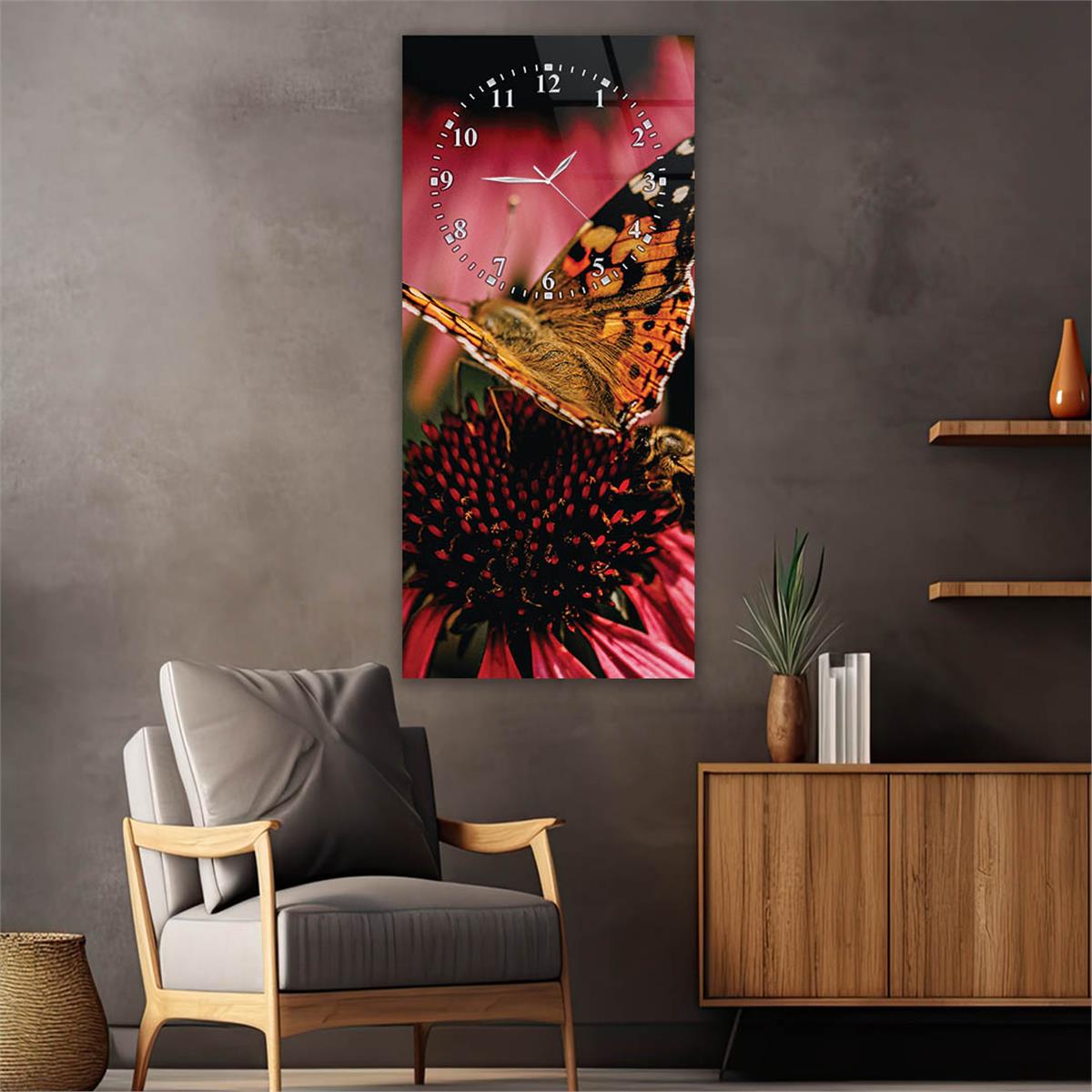 Dikey Üstten Saatli Sanat Temalı Cam Tablo 067