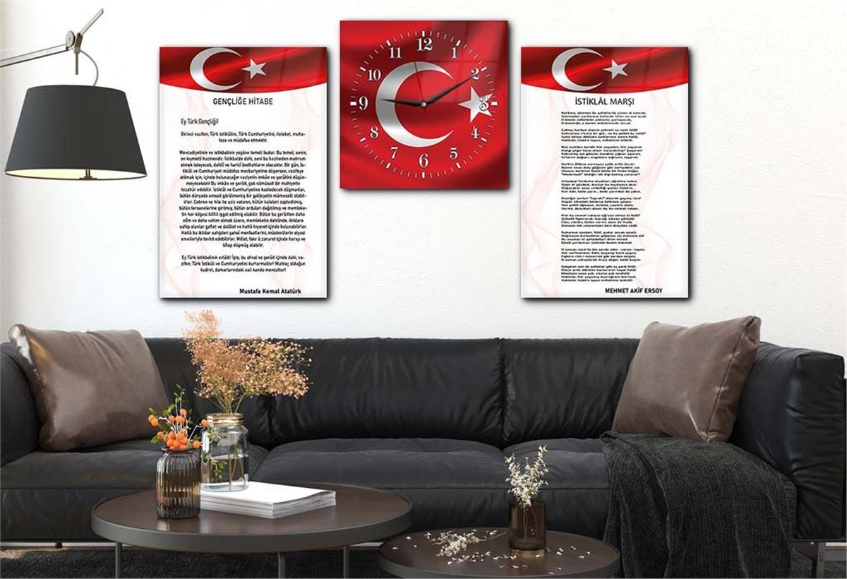 Atatürk and Independence March Glass Wall Art Set with Clock