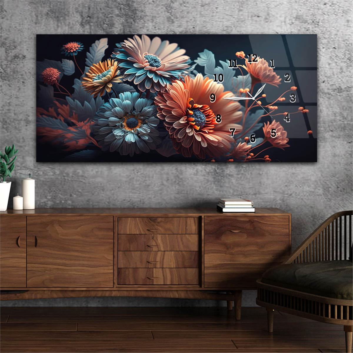 Yatay Saatli Yandan Sanat ve Doğa Temalı Cam Tablo 183