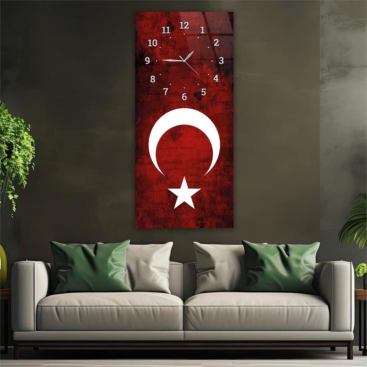 Dikey Üstten Saatli Vatan Temalı Cam Tablo 030