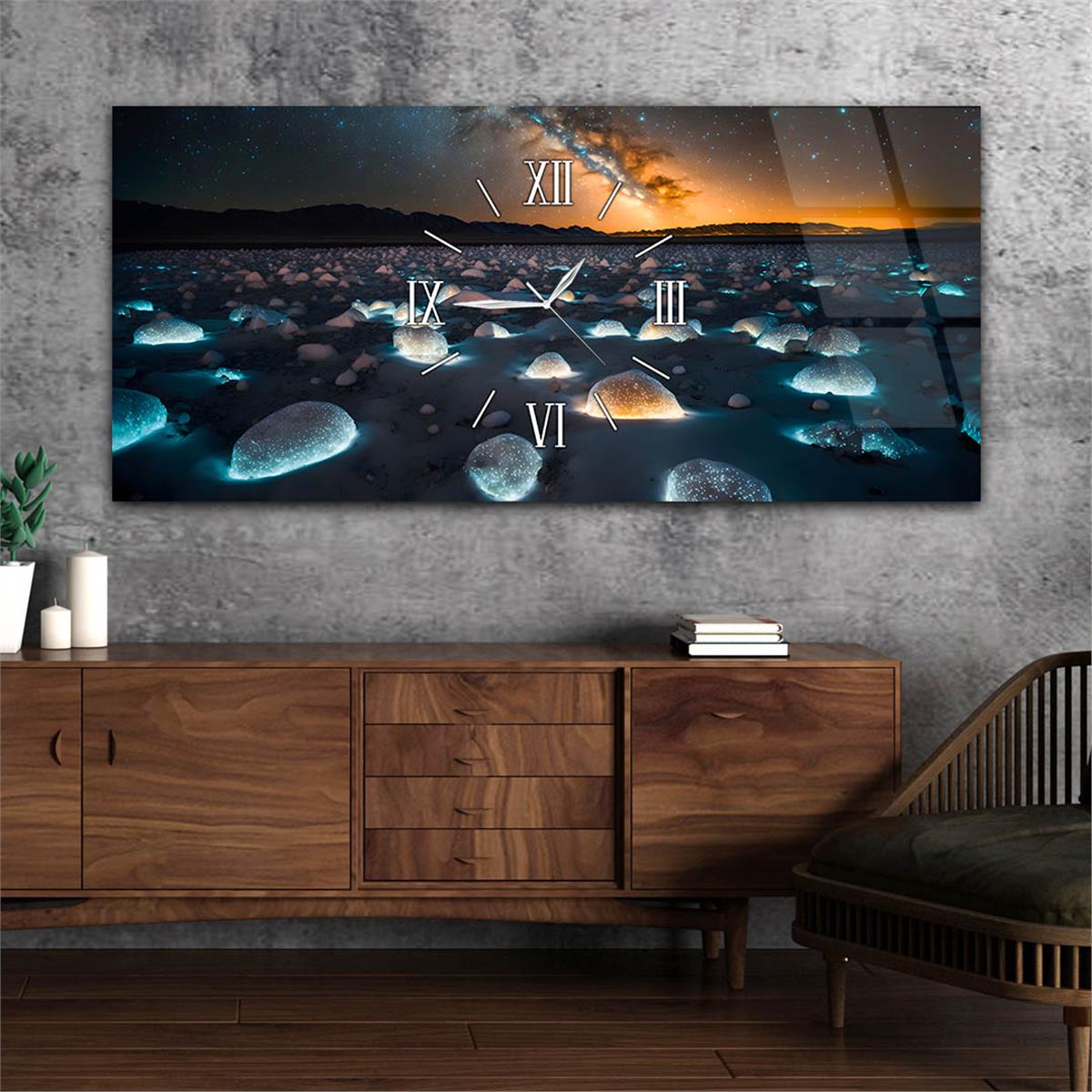 Yatay Ortadan Saatli  Sanat ve Doğa Temalı Cam Tablo 104