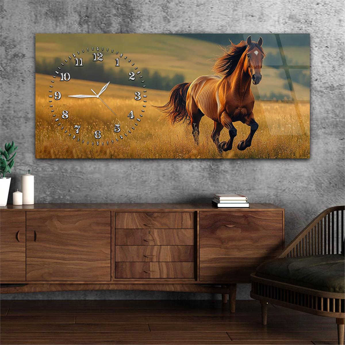 Yatay Saatli Yandan Sanat Temalı Cam Tablo 301