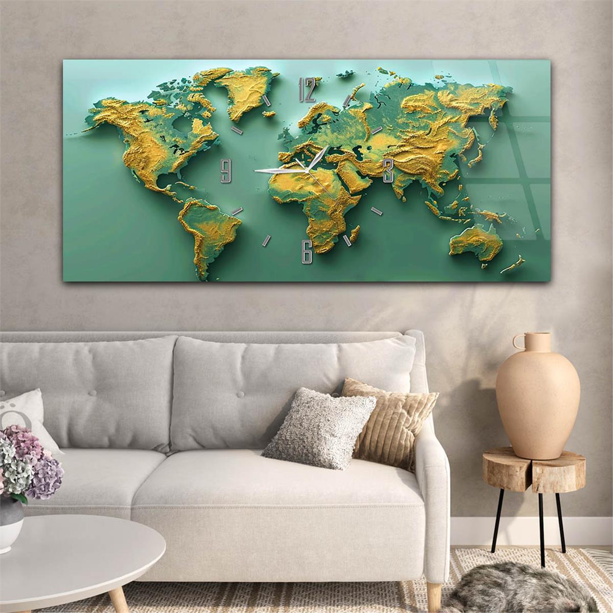 Yatay Saatli Ortadan Vatan Temalı Cam Tablo 103