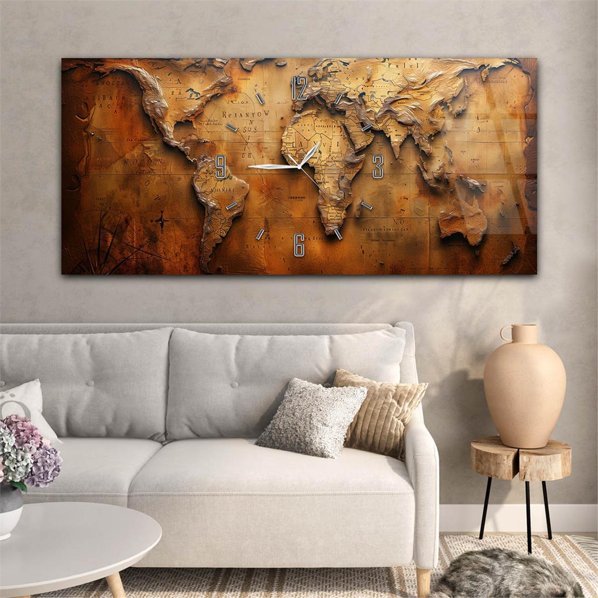 Yatay Saatli Ortadan Vatan Temalı Cam Tablo 105