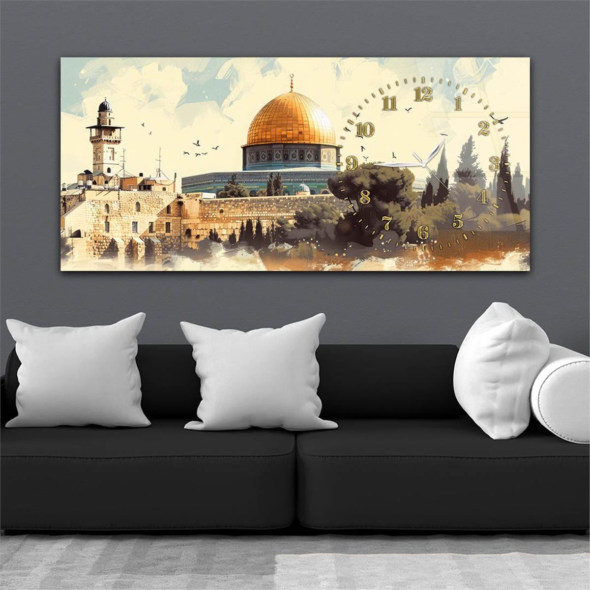 Yatay Saatli Yandan Dini Temalı Cam Tablo 075
