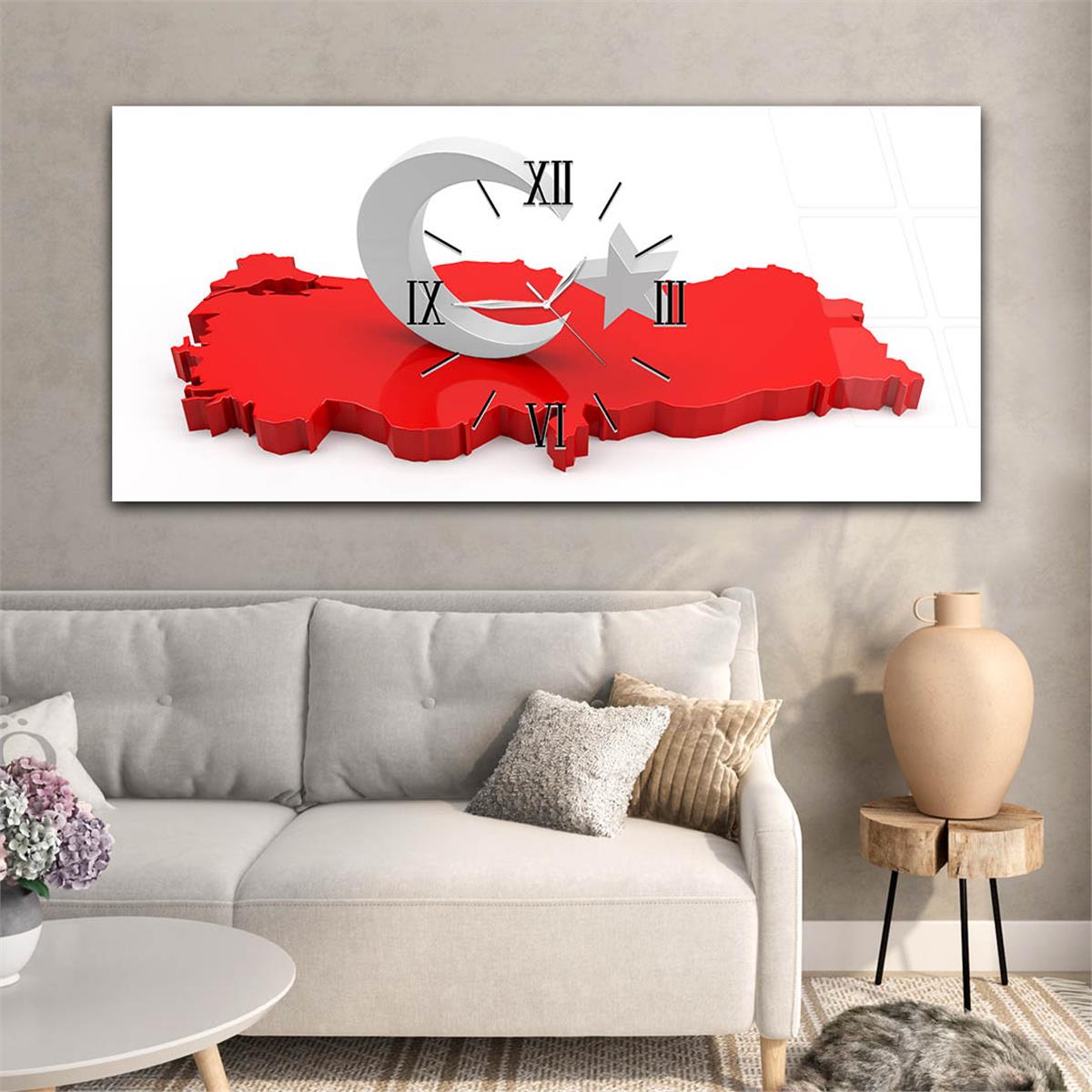 Kırmızı Türkiye Haritası ve Ay-Yıldız Yatay Ortadan Saatli  Vatan Temalı Cam Tablo 081