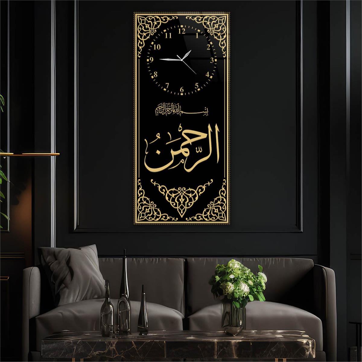 Vertical Religious Themed Glass Wall Art with Clock at the Top  016