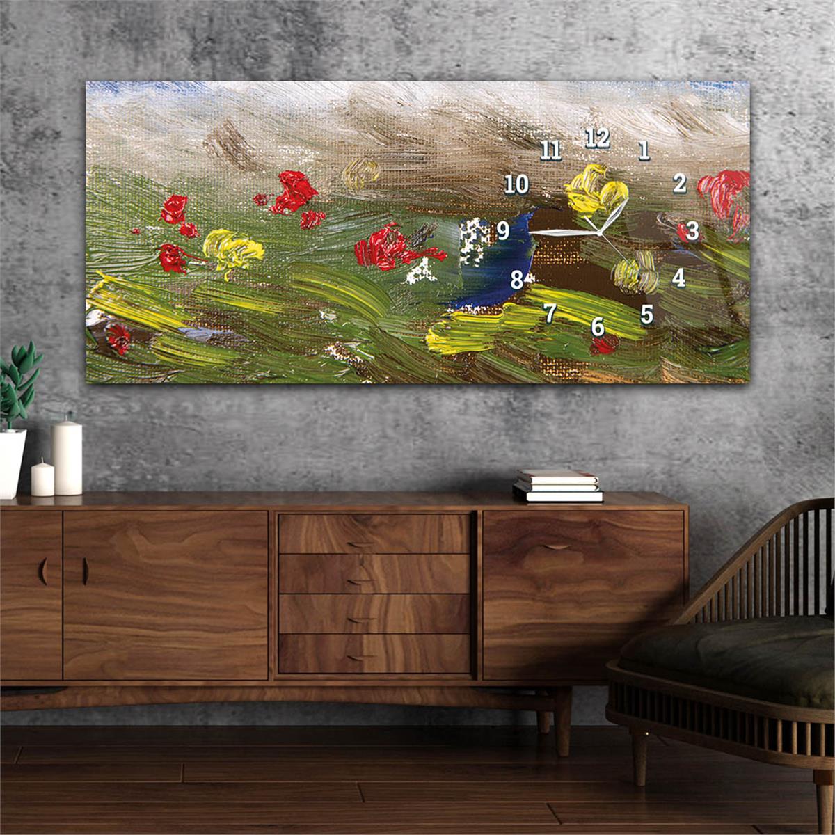 Yatay Saatli Yandan Sanat ve Doğa Temalı Cam Tablo 187