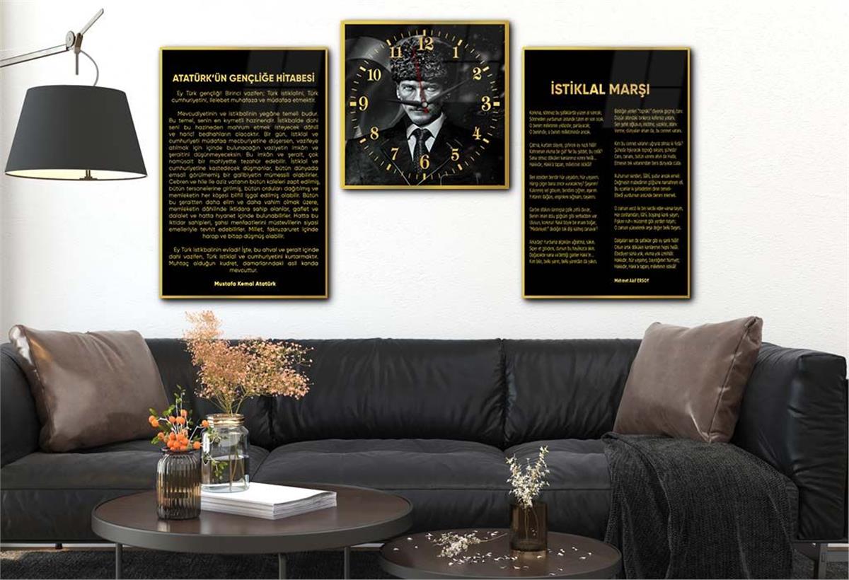Atatürk and Independence March Glass Wall Art Set with Clock