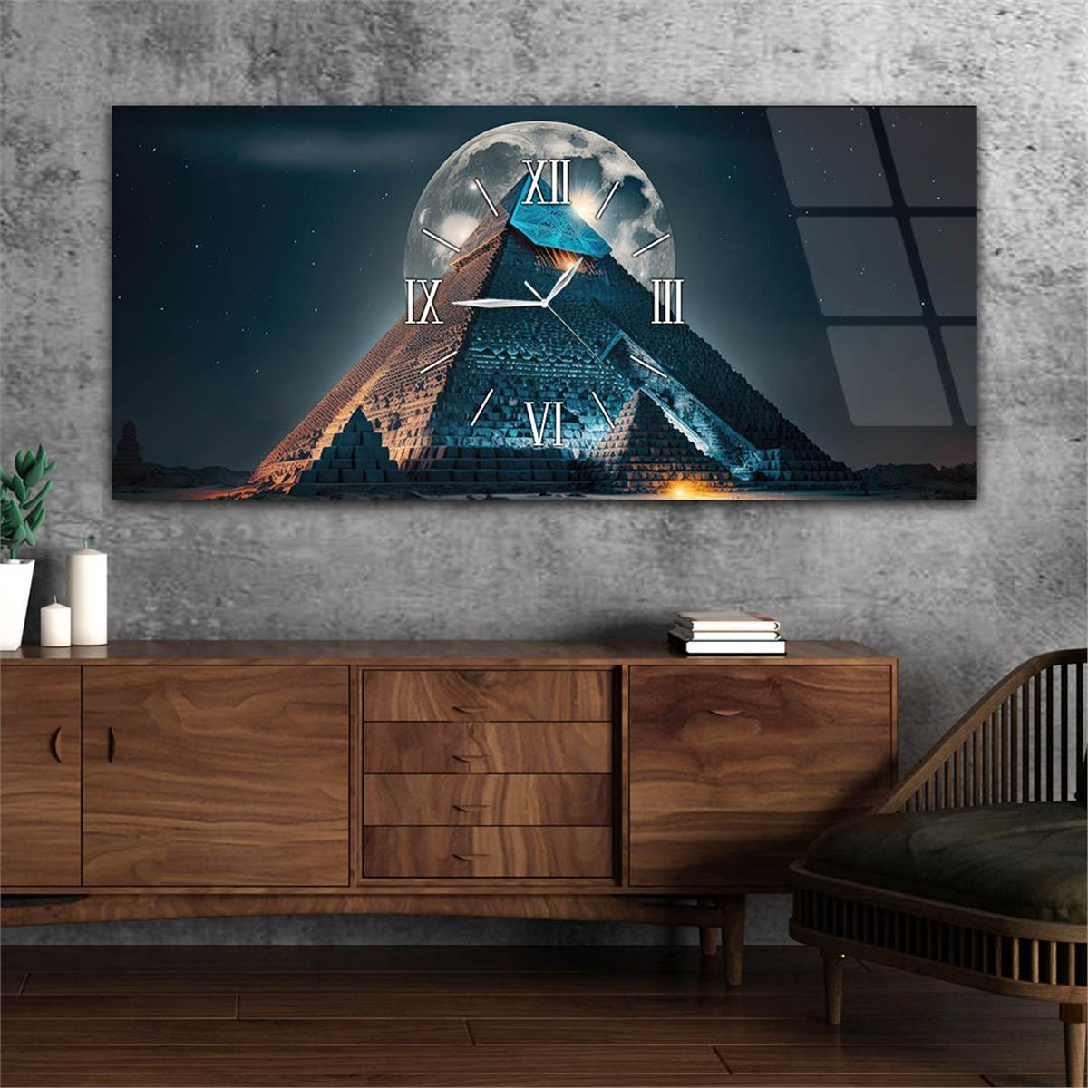 Yatay Ortadan Saatli  Sanat ve Doğa Temalı Cam Tablo 105