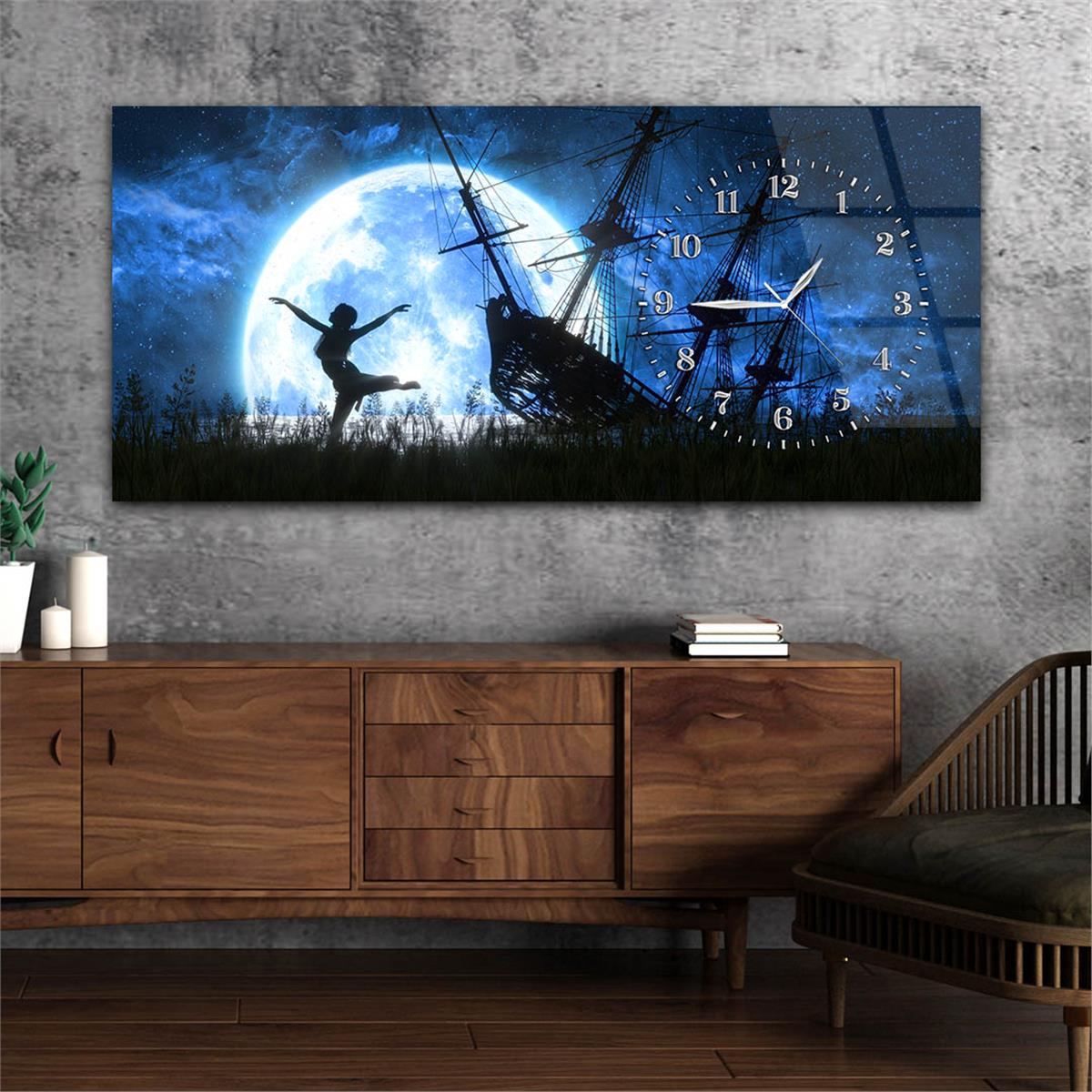 Yatay Saatli Yandan Sanat Temalı Cam Tablo 274