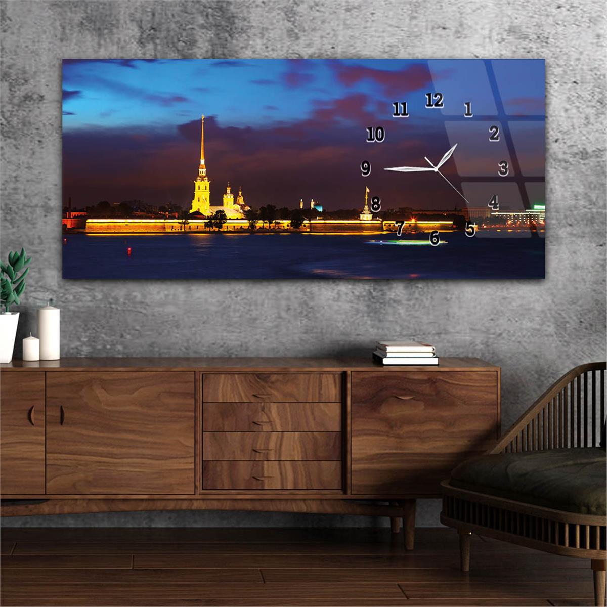 Yatay Saatli Yandan Sanat ve Doğa Temalı Cam Tablo 140