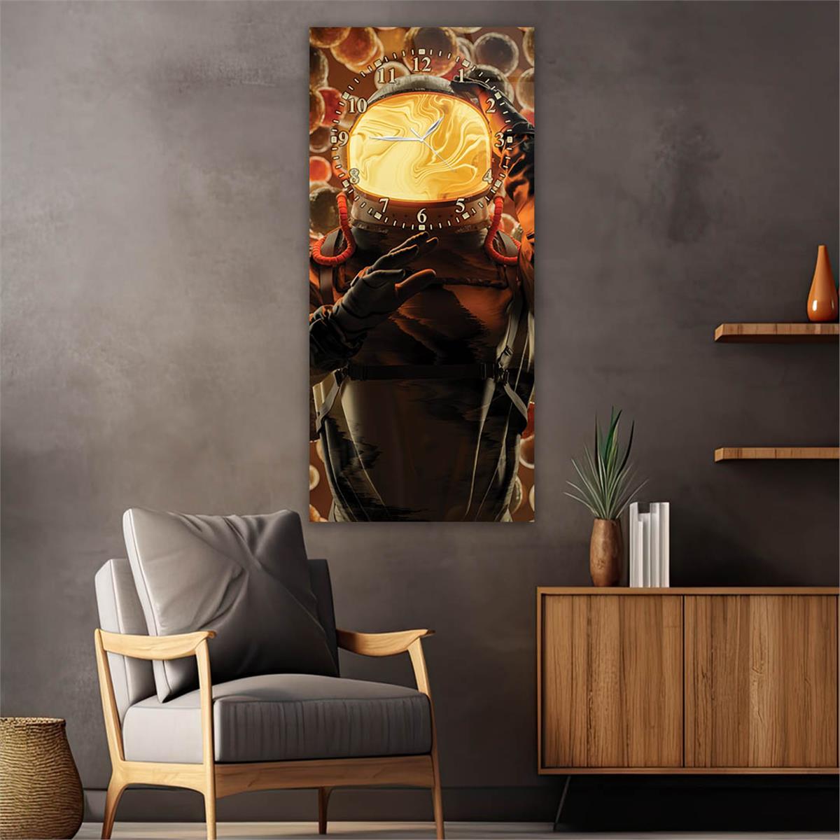 Dikey Üstten Saatli Sanat Temalı Cam Tablo 064