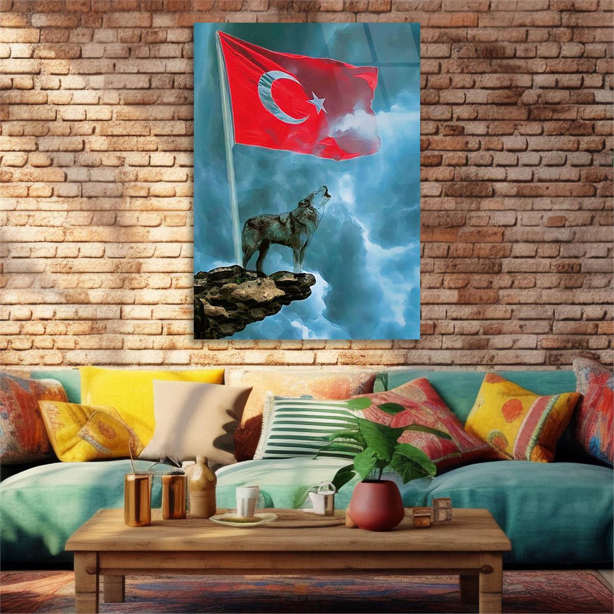 TÜRK BAYRAĞI VE KURT GÖRSELLİ CAM TABLO 