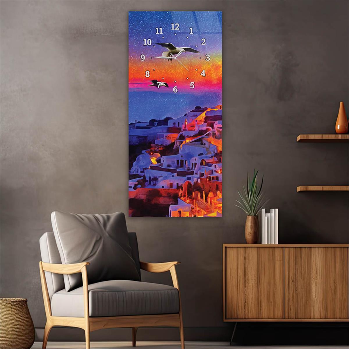 Dikey Üstten Saatli Sanat Temalı Cam Tablo 050