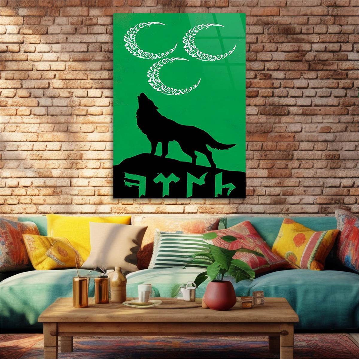 Three Crescent, Wolf, and TÜRK Inscription Glass Wall Art