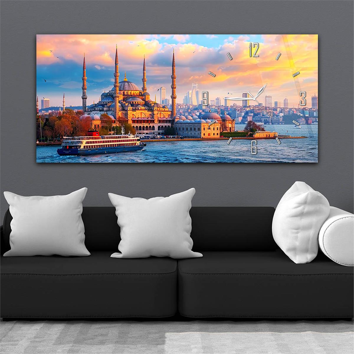 Yatay Saatli Yandan Dini Temalı Cam Tablo 077