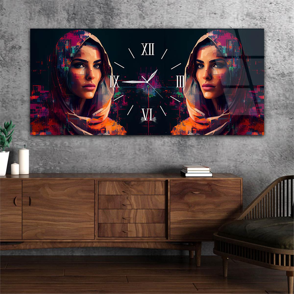 Yatay Ortadan Saatli  Sanat ve Doğa Temalı Cam Tablo 066