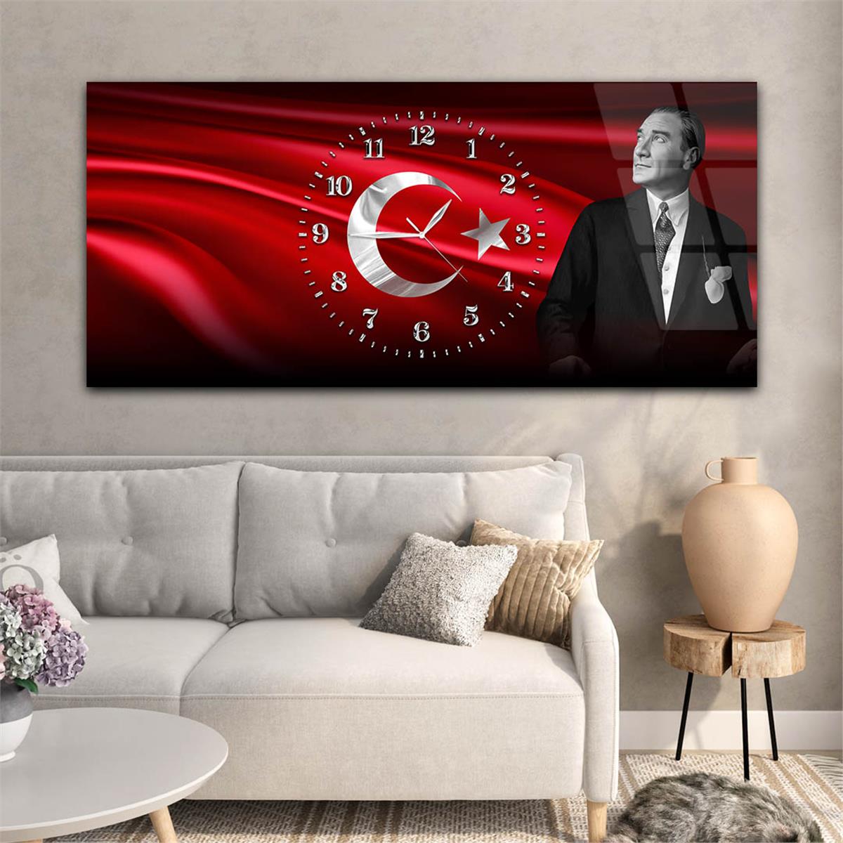 Yatay Saatli Ortadan Vatan Temalı Cam Tablo 167