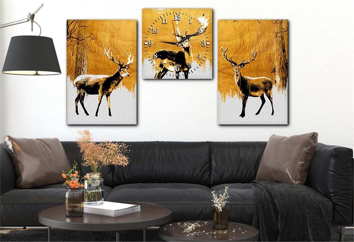 Deer Tempered Glass Wall Art Set with Clock
