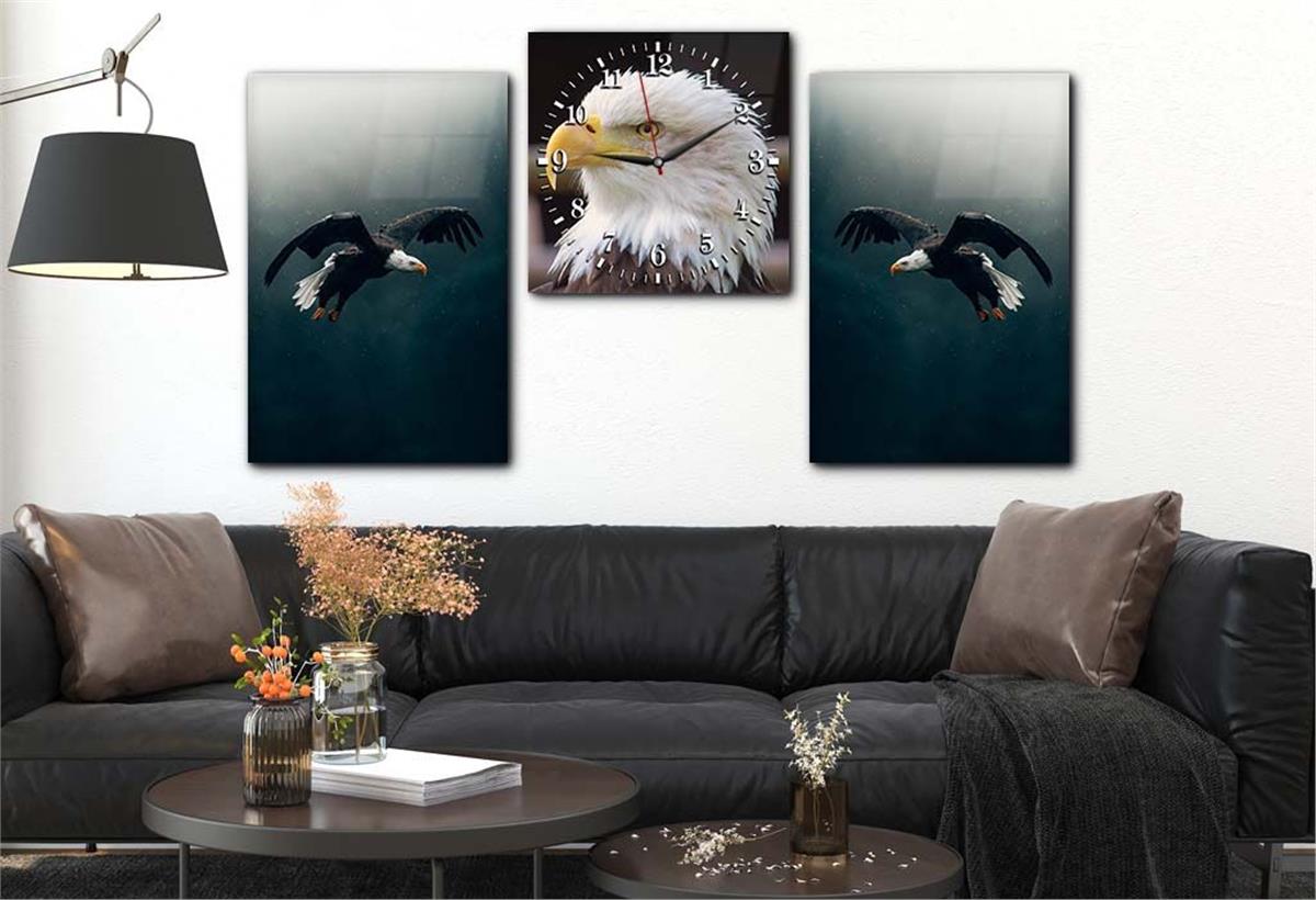 Eagle Tempered Glass Wall Art Set with Clock