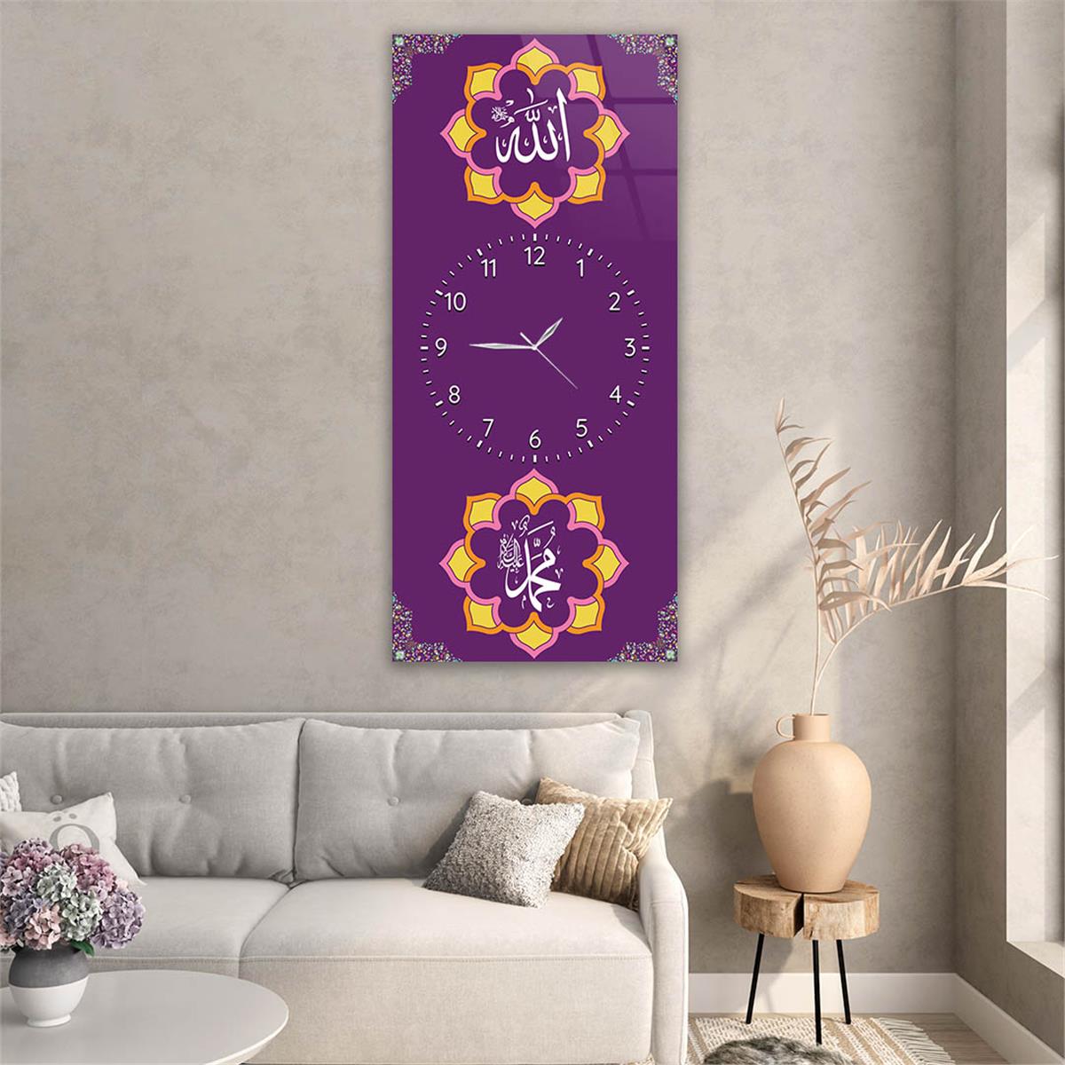 Vertical Religious Themed Glass Wall Art with Clock at the Center 010