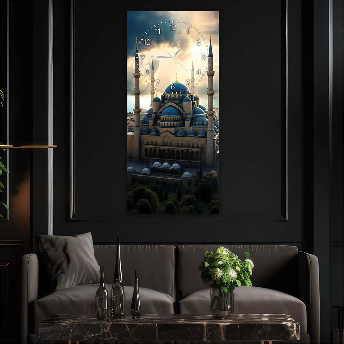 Vertical Religious Themed Glass Wall Art with Clock at the Top  020