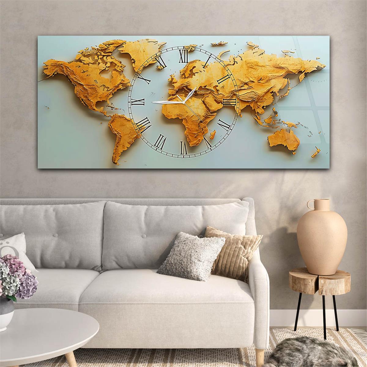 Yatay Saatli Ortadan Vatan Temalı Cam Tablo 136