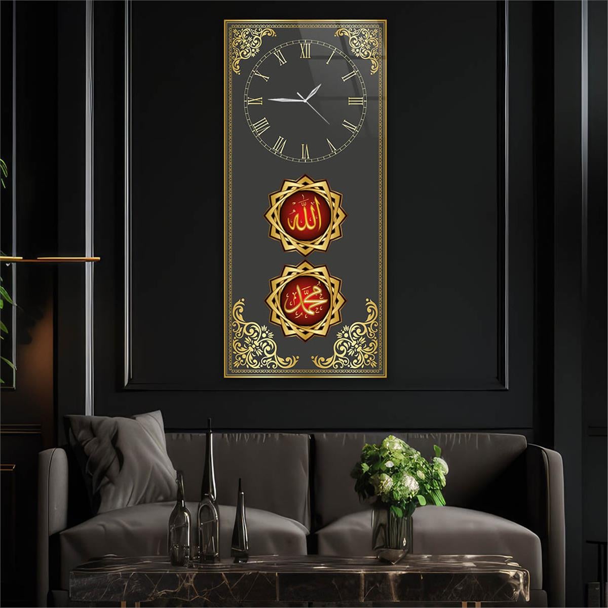 Vertical Religious Themed Glass Wall Art with Clock at the Top  032