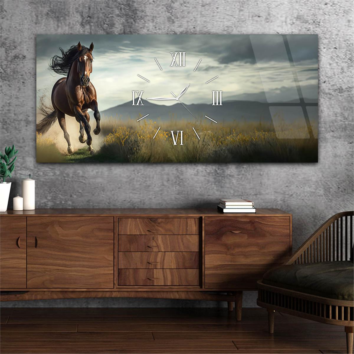 Yatay Ortadan Saatli  Sanat ve Doğa Temalı Cam Tablo 058