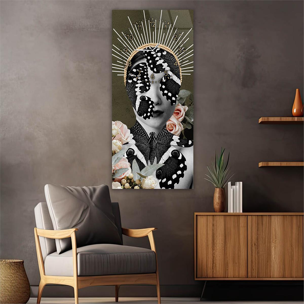 Vertical Art Themed Glass Wall Art with Clock at the Top 007