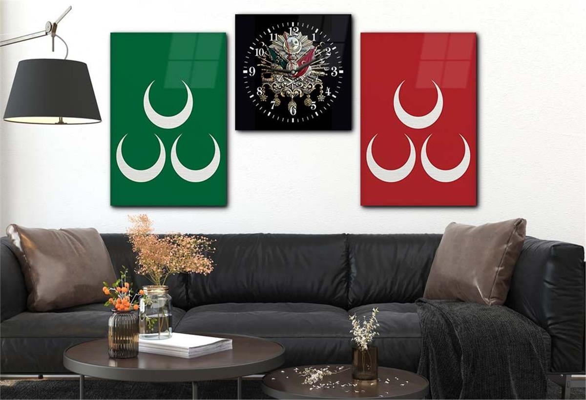 Ottoman State Coat of Arms and Three Crescent Tempered Glass Wall Art Set with Clock