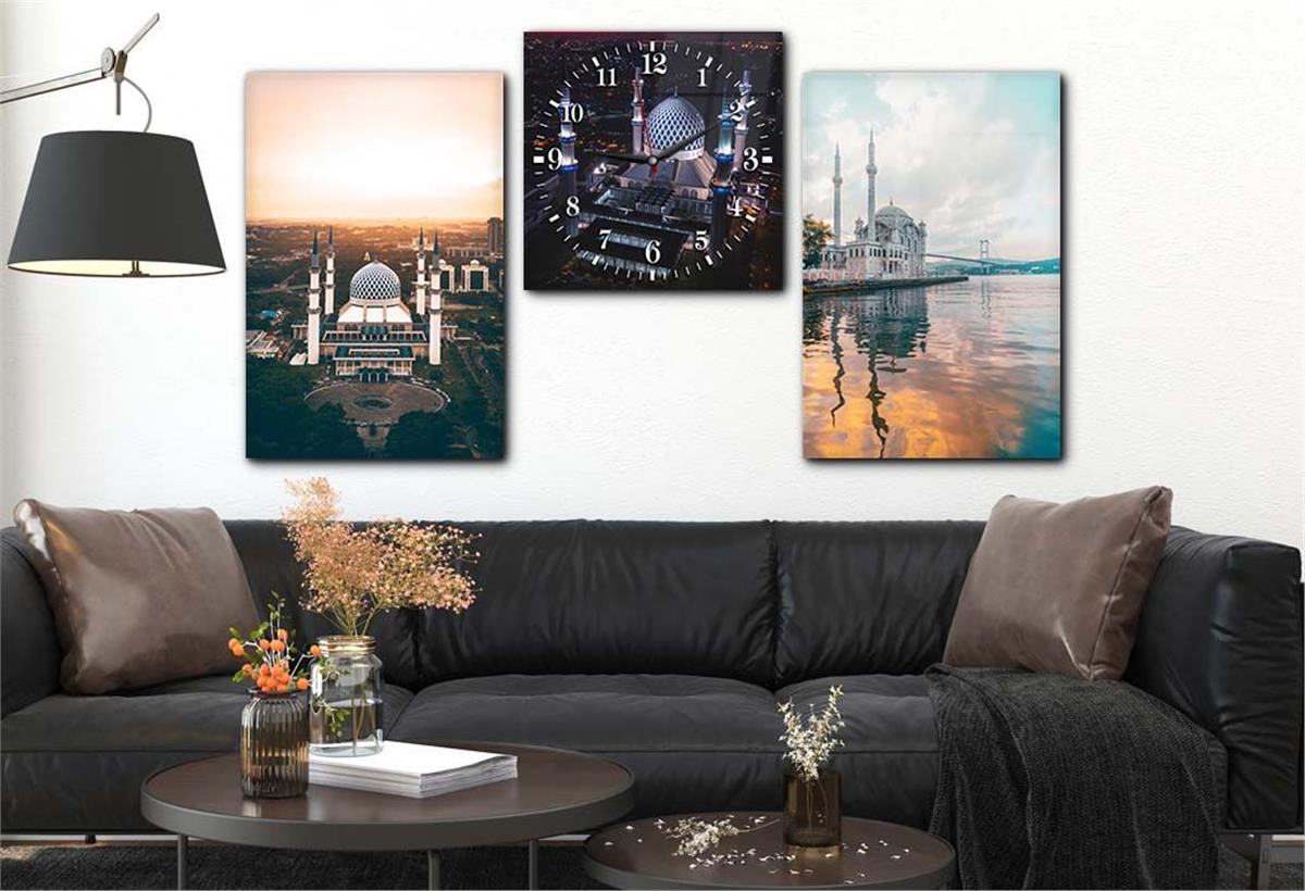 DİNİ TEMALI CAM TABLO CAM DUVAR SAAT SETİ 