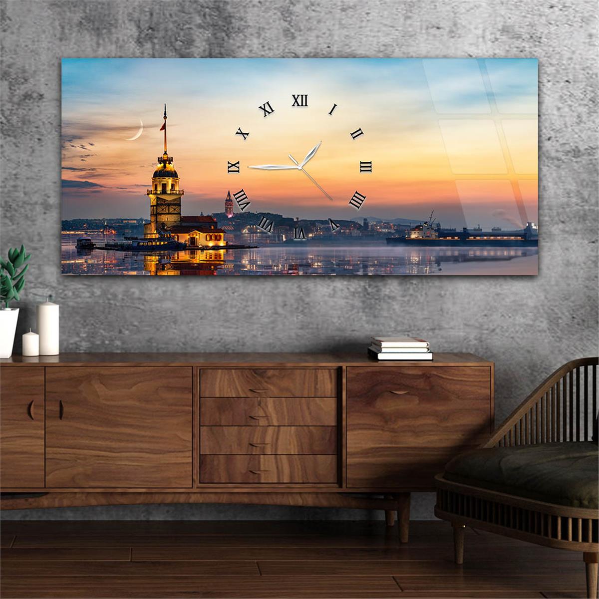 Yatay Ortadan Saatli  Sanat ve Doğa Temalı Cam Tablo 078