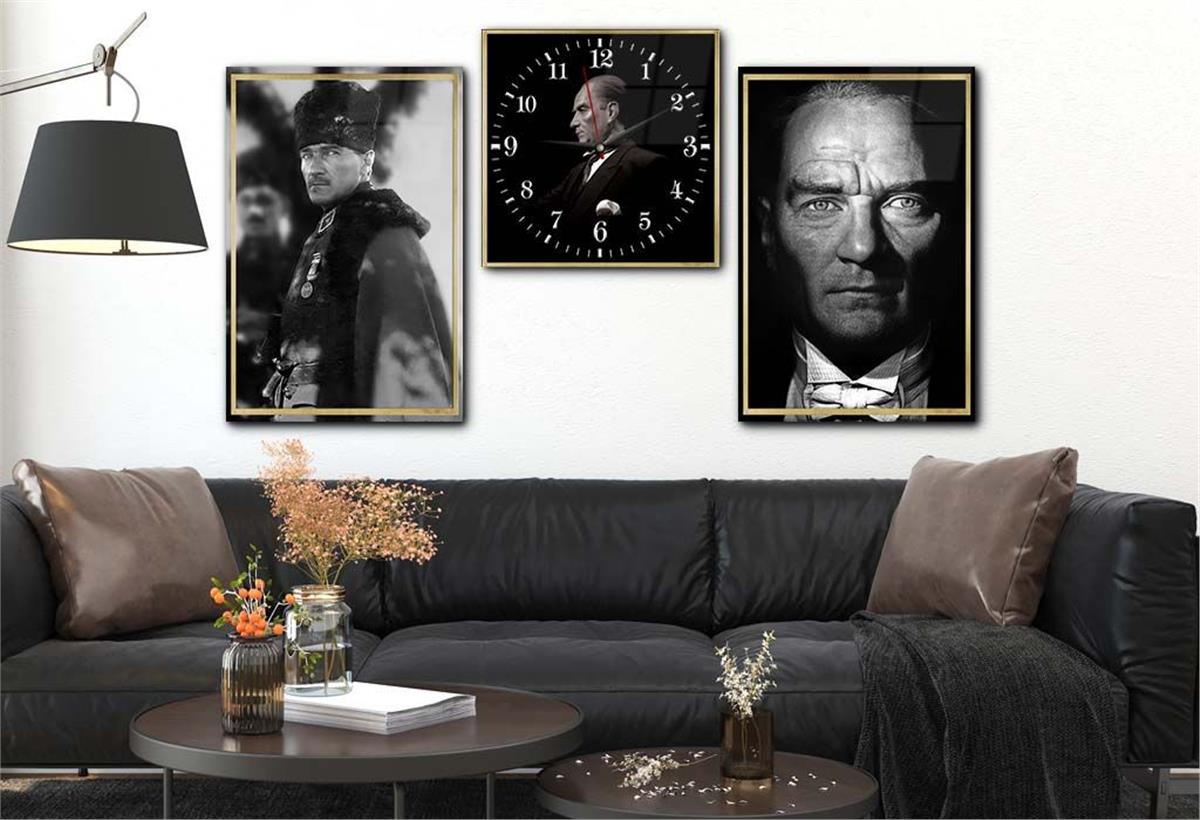 ATATÜRK Tempered Glass Wall Art Set with Clock 