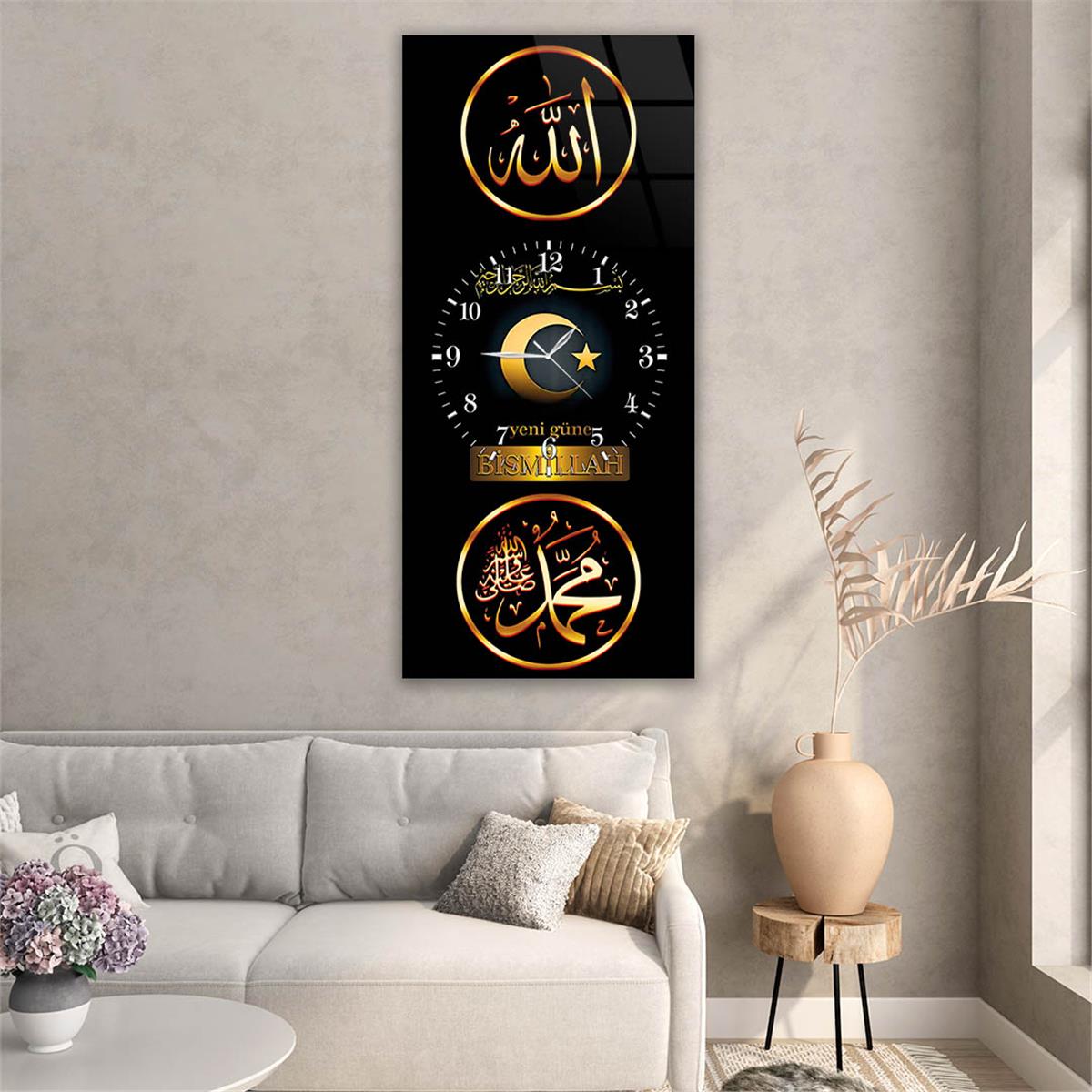 Vertical Religious Themed Glass Wall Art with Clock at the Center 006