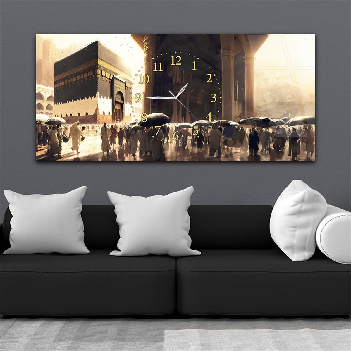 Yatay Ortadan Saatli  Dini Temalı Cam Tablo 087