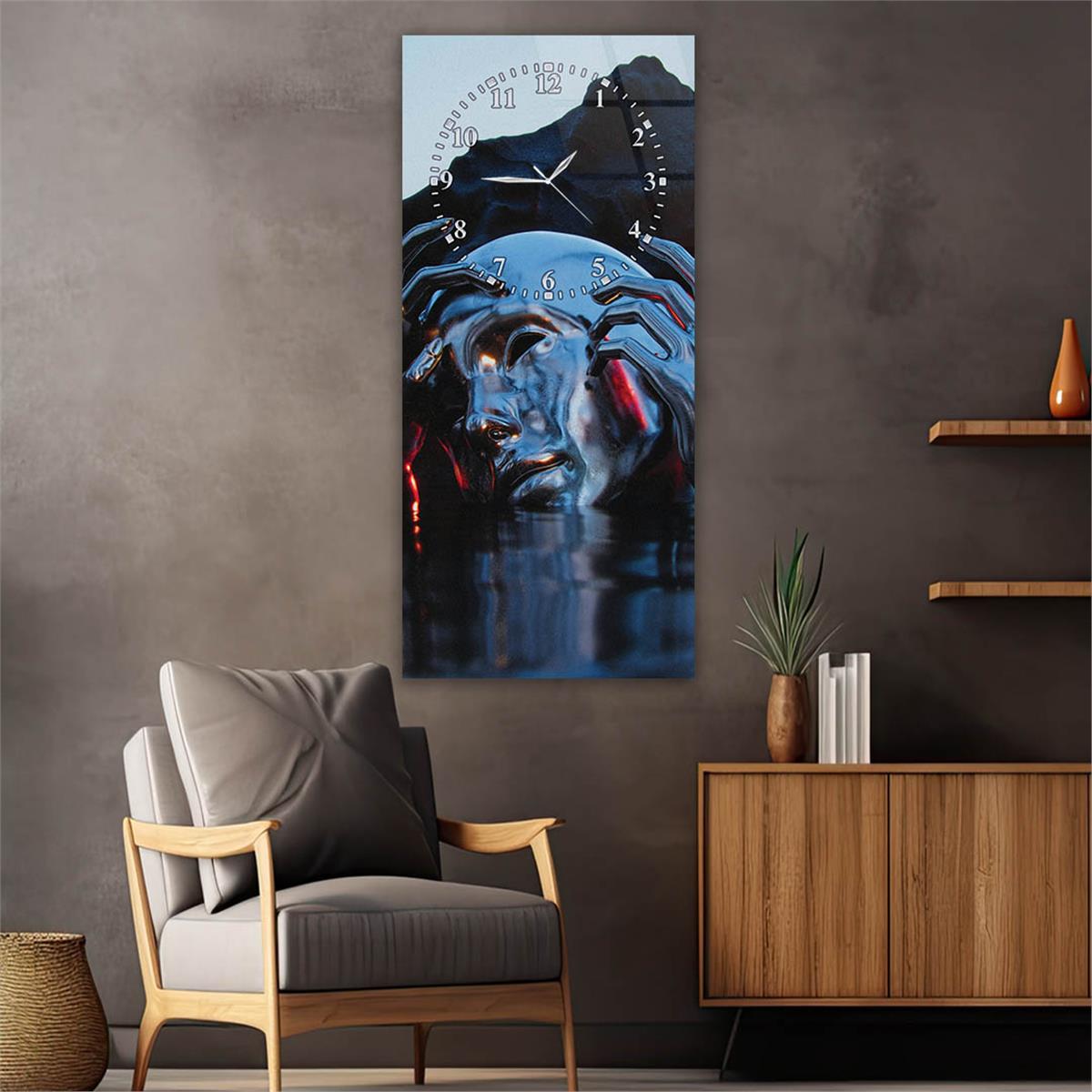 Dikey Üstten Saatli Sanat Temalı Cam Tablo 066