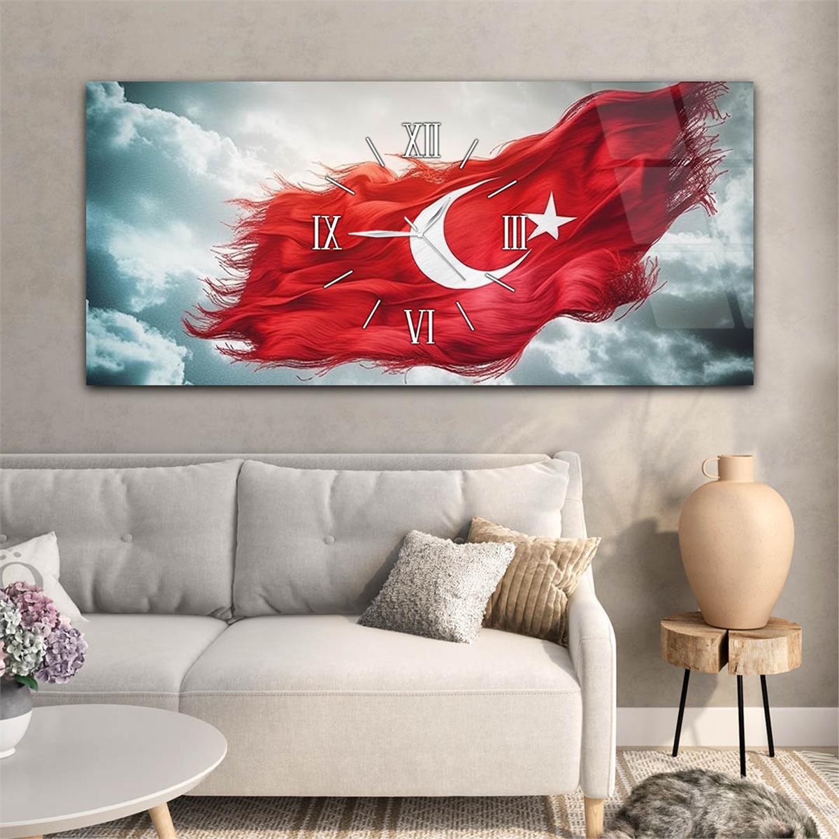 Bulutlar Arasında Dalgalanan Türk Bayrağı Saatli  Cam Tablo 079