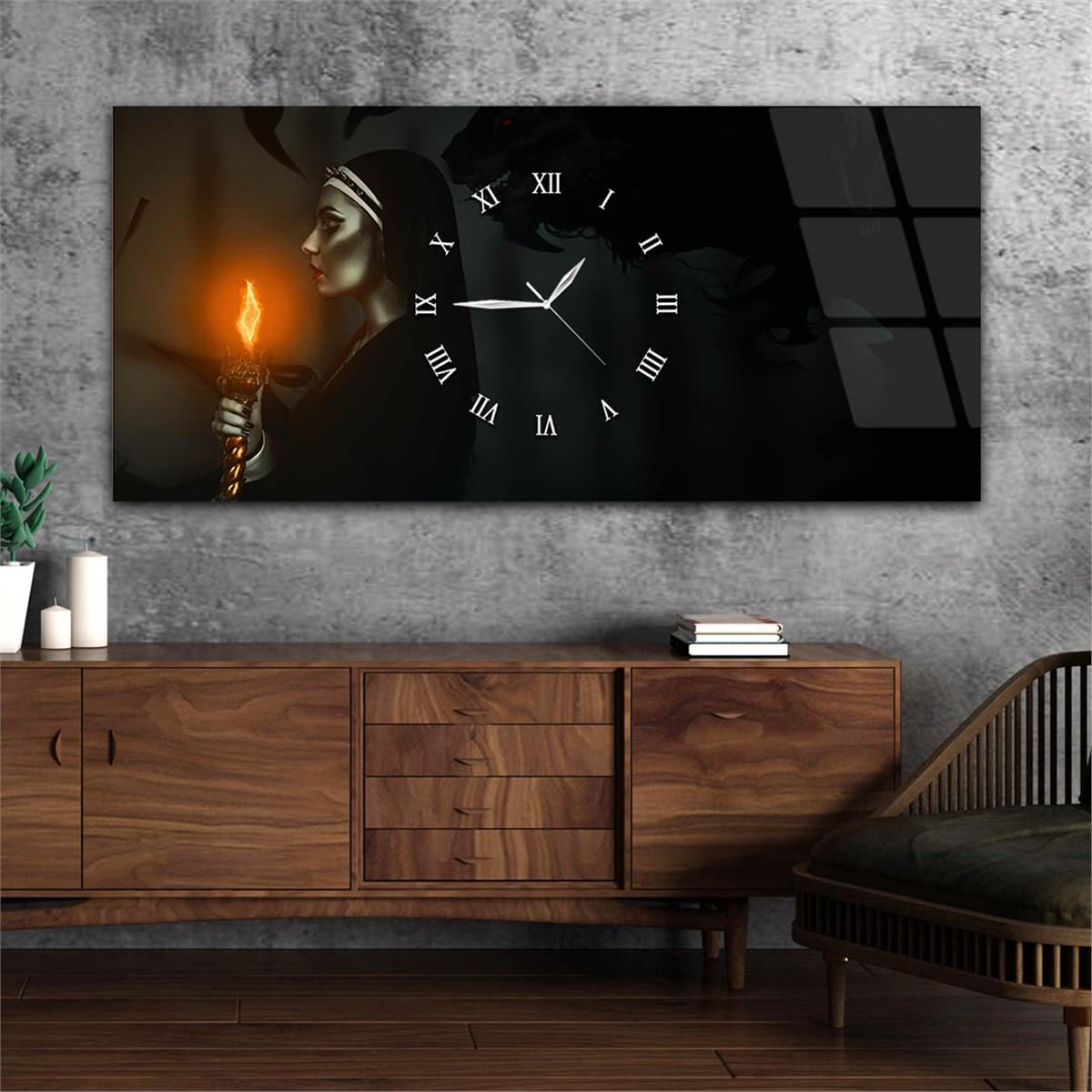 Yatay Ortadan Saatli  Sanat ve Doğa Temalı Cam Tablo 028