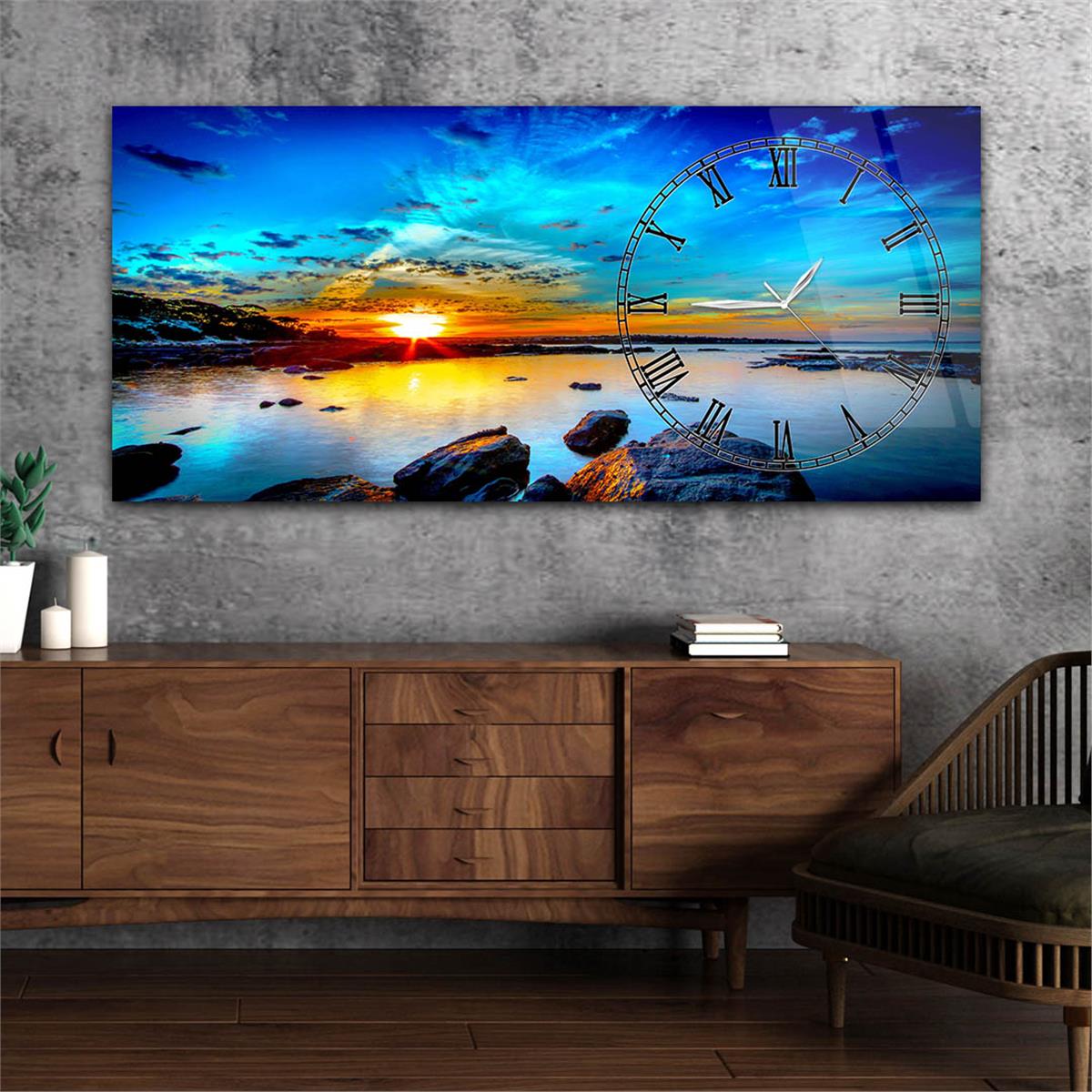 Yatay Saatli Yandan Sanat Temalı Cam Tablo 313
