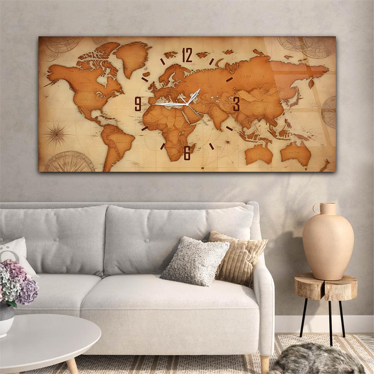 Yatay Saatli Ortadan Vatan Temalı Cam Tablo 111